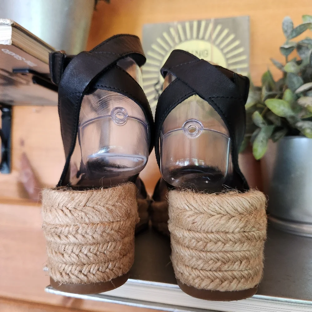 Nine West 💜 Edwisha Espadrilles Wedge Platform Sandals Black Leather Shoe 6.5 M